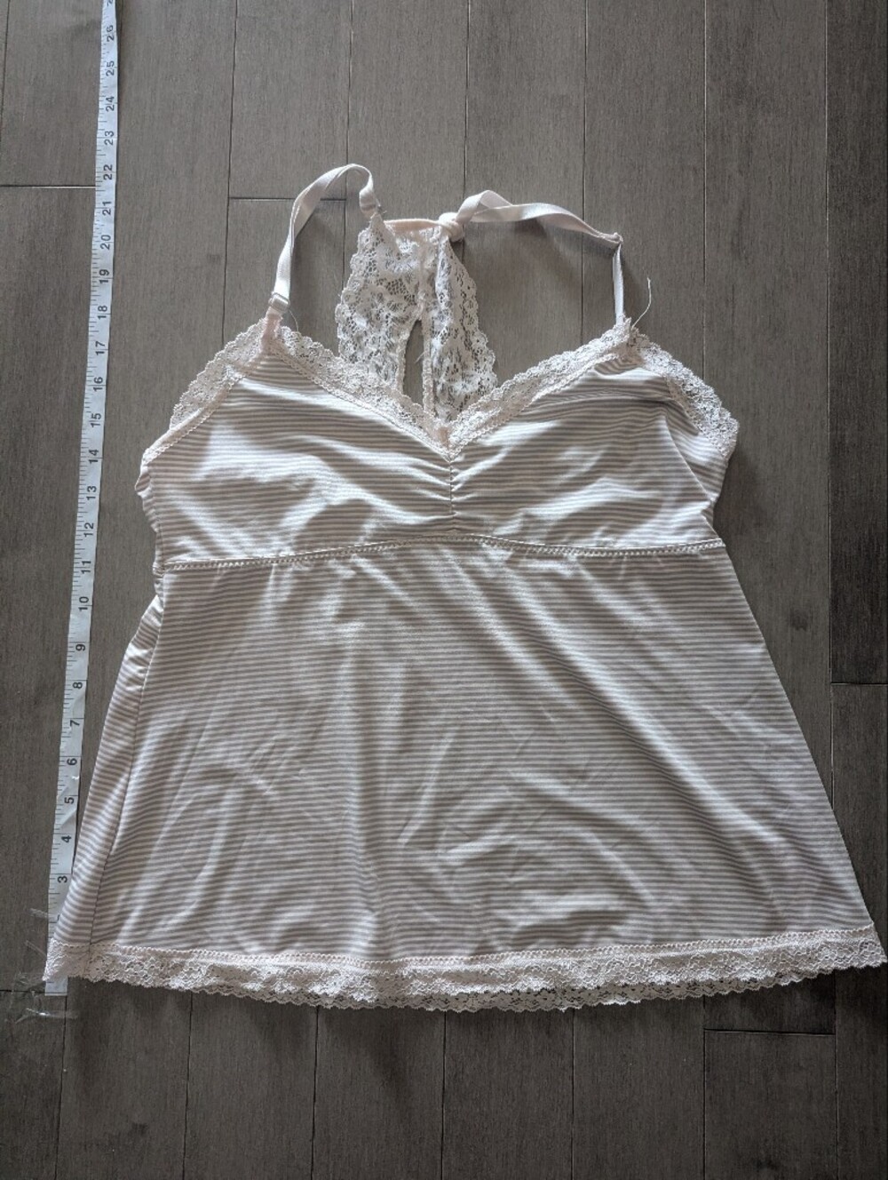 Marilyn Monroe Ivory and Light Gray Striped Lace-Trim Chemise Large